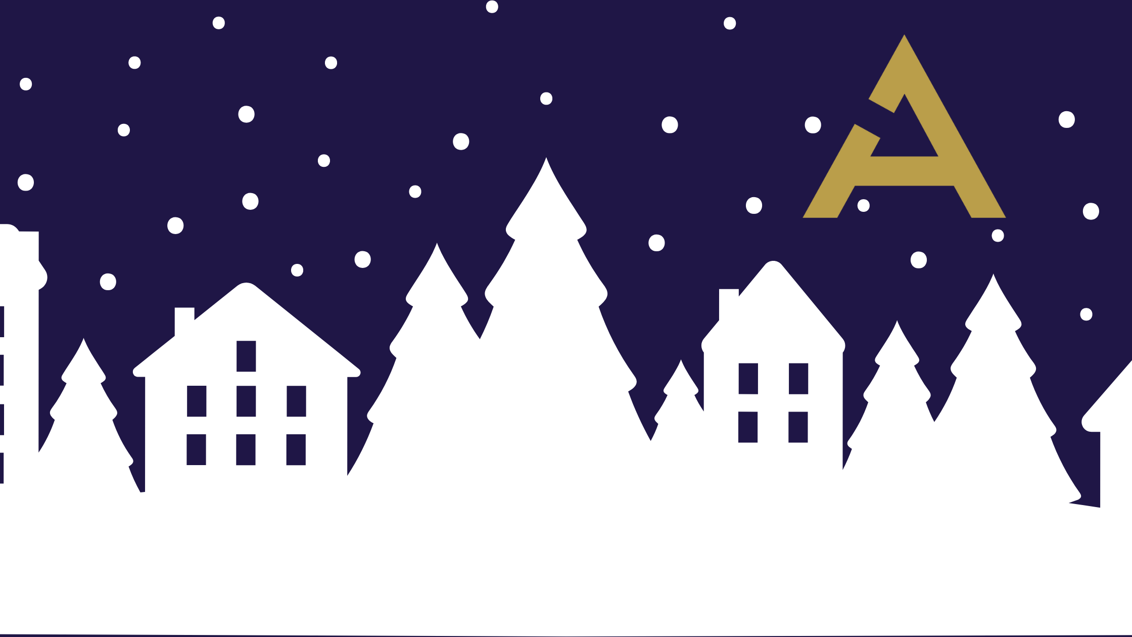 Advanced Packaging, Purple Background, Snow and Christmas Themed town in Foreground. White